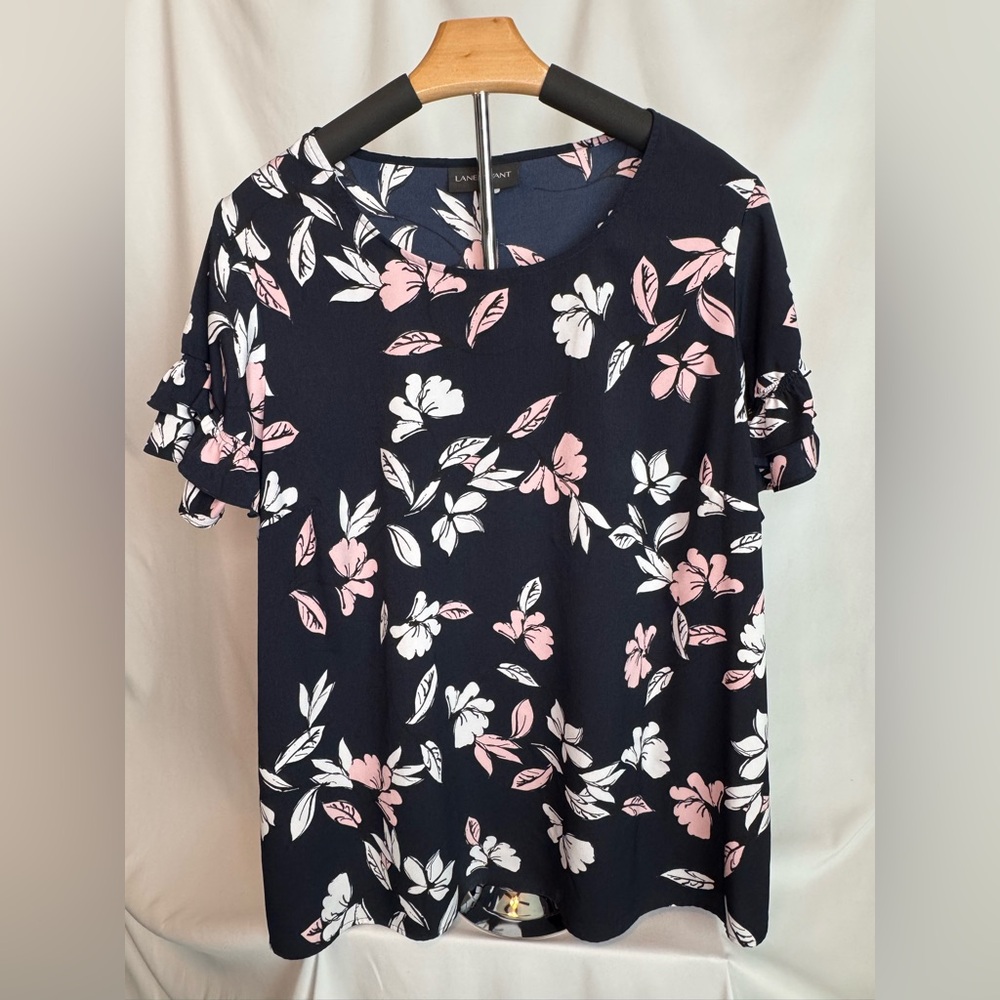 Lane Bryant Ruffle Short Sleeve Floral Top - Navy - 18